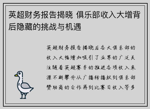 英超财务报告揭晓 俱乐部收入大增背后隐藏的挑战与机遇
