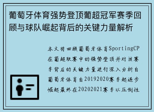 葡萄牙体育强势登顶葡超冠军赛季回顾与球队崛起背后的关键力量解析