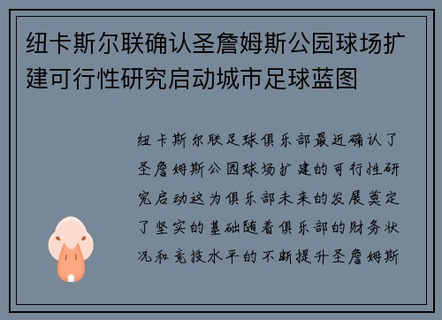 纽卡斯尔联确认圣詹姆斯公园球场扩建可行性研究启动城市足球蓝图