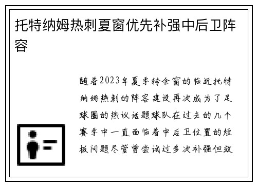 托特纳姆热刺夏窗优先补强中后卫阵容